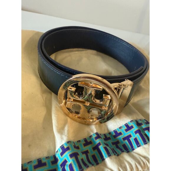 tory burch women classic monogram logo dark blue belt 1.5 Width 46/115 main image 6